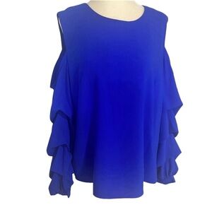 Truly Poppy open shoulder ruffle sleeve blue blouse. Classy and sassy! Sz M